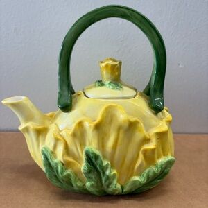 Vintage Yellow Cabbage Rose Ceramic Teapot 8” x 8” Cottagecore